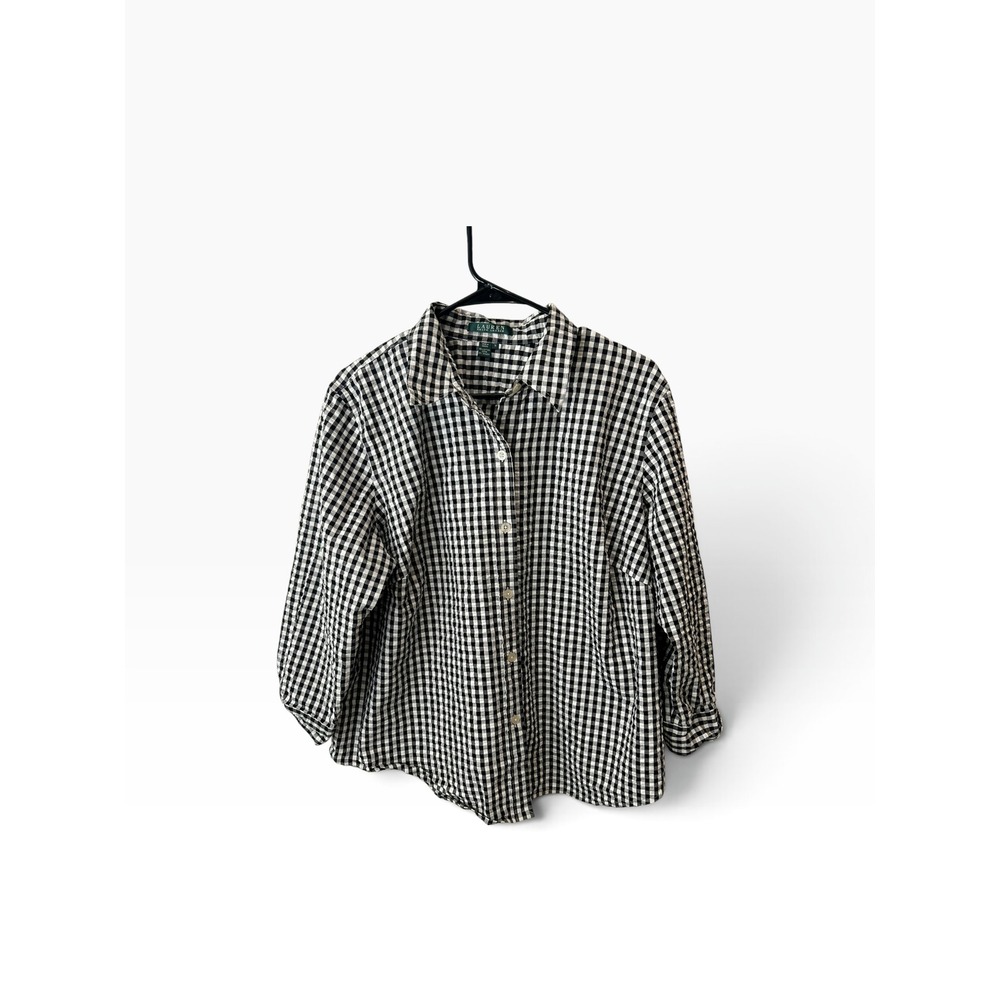 Lauren Ralph Lauren Womens Gingham Button Down Shirt Black White Plaid 1X